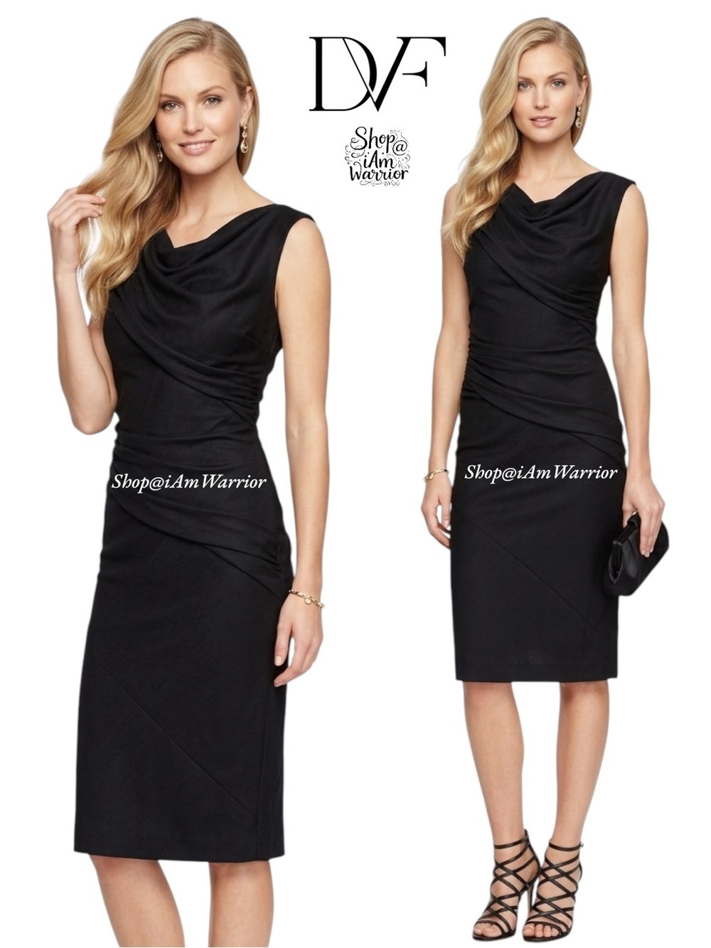 Diane von Furstenberg Black Ruched Draped Neck Sheath Midi Dress *iamwarrior